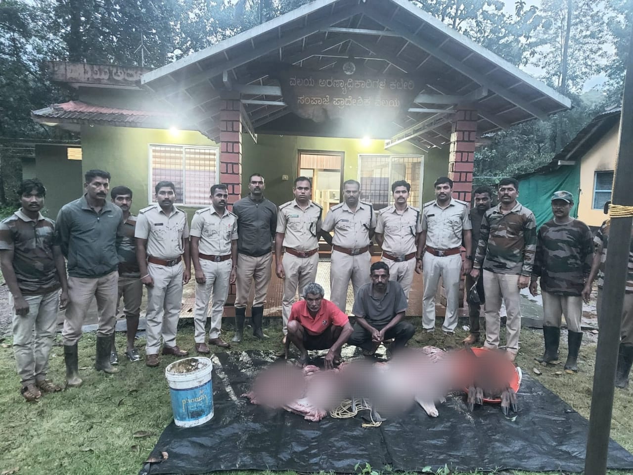 ಮಡಿಕೇರಿ: ಇಬ್ಬರು ಕಡವೆ ಬೇಟೆಗಾರರ ಬಂಧನ| ಮಾಂಸ, ಆಯುಧಗಳು ವಶಕ್ಕೆ