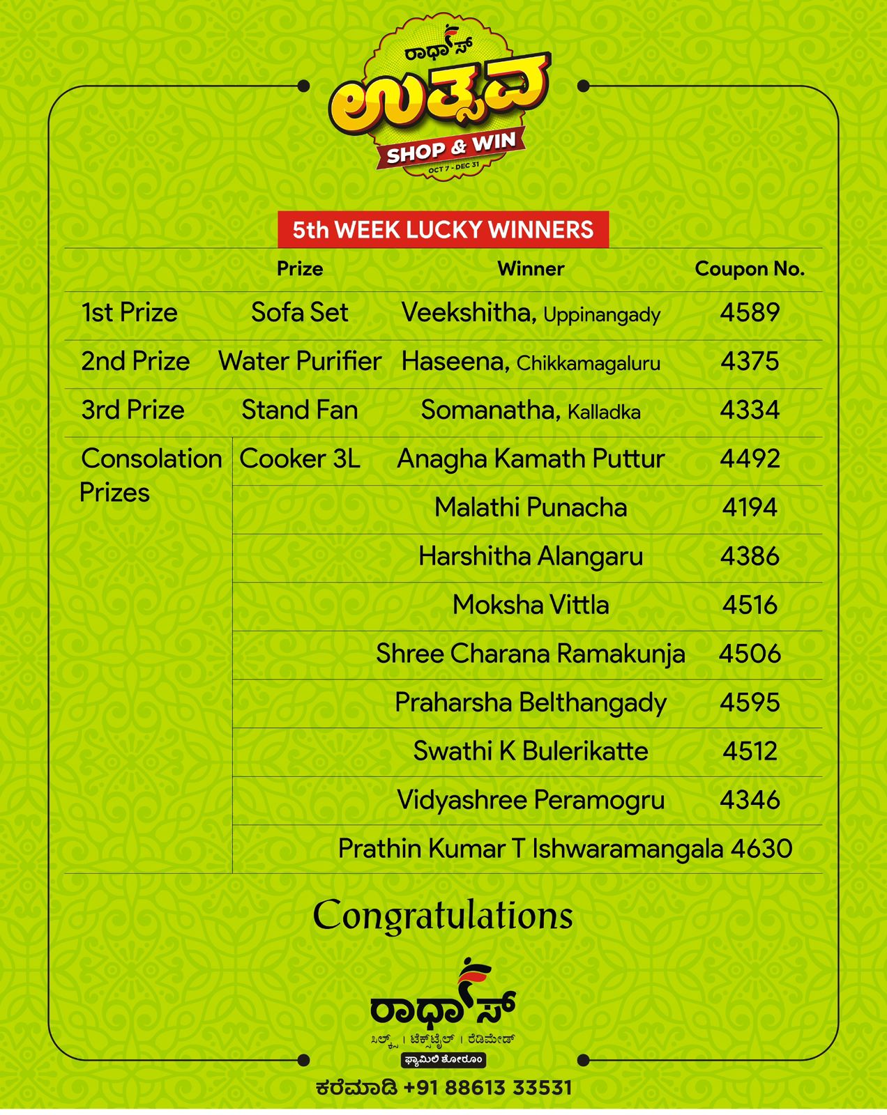 ಪುತ್ತೂರಿನ ರಾಧಾಸ್ ಶಾಪಿಂಗ್ ಉತ್ಸವದ ಐದನೇ ವೀಕ್ ಡ್ರಾ ವಿಜೇತರ ಪಟ್ಟಿ ಇಲ್ಲಿದೆ ನೋಡಿ..