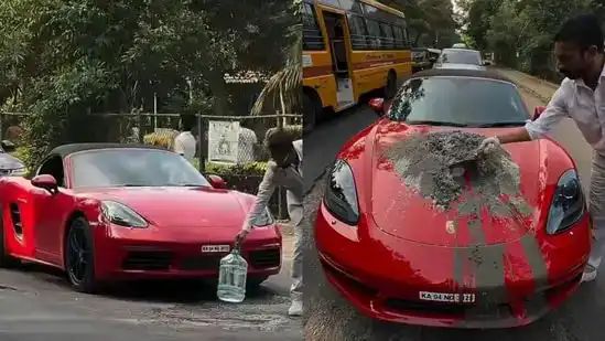 ರಸ್ತೆ ಗುಂಡಿಗಳನ್ನು ಮುಚ್ಚಲು ದುಬಾರಿ ಪೋರ್ಷೆ ಕಾರಿನಲ್ಲಿ ಸಿಮೆಂಟ್ ಕಲಸಿದ ಉದ್ಯಮಿ