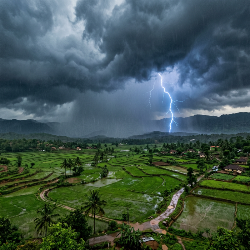 Lightning striking over green terraced farmland under dark storm clouds